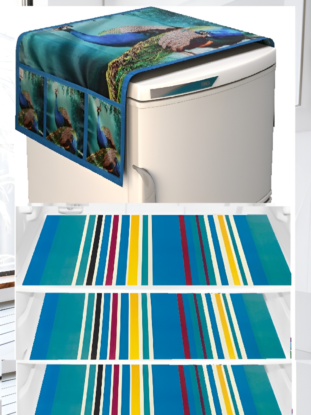 

REVEXO Blue & Green 4 Pieces Printed Fridge Cover With Mats