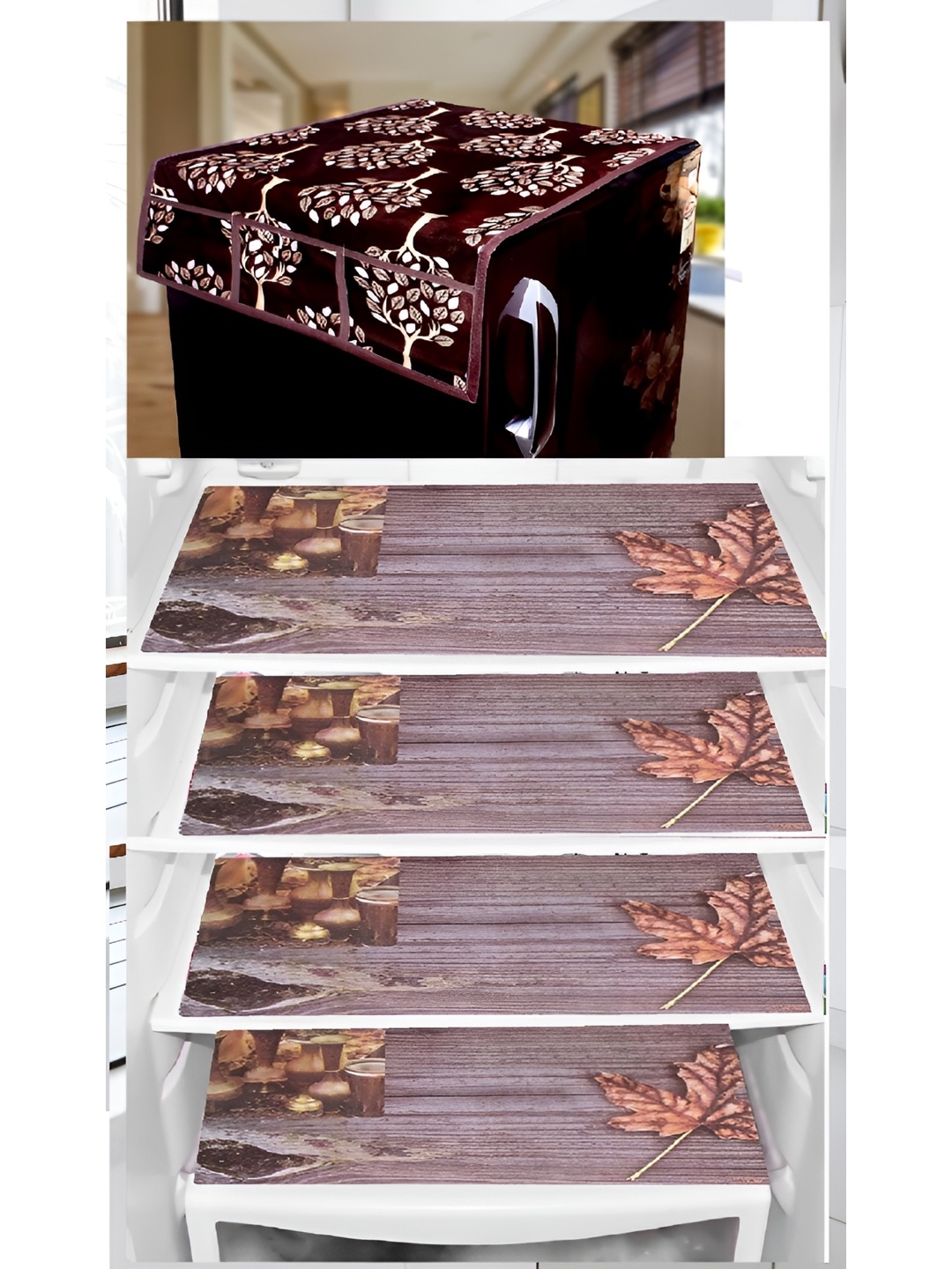 

REVEXO Brown & Beige 5 Pieces Floral Printed Appliance covers