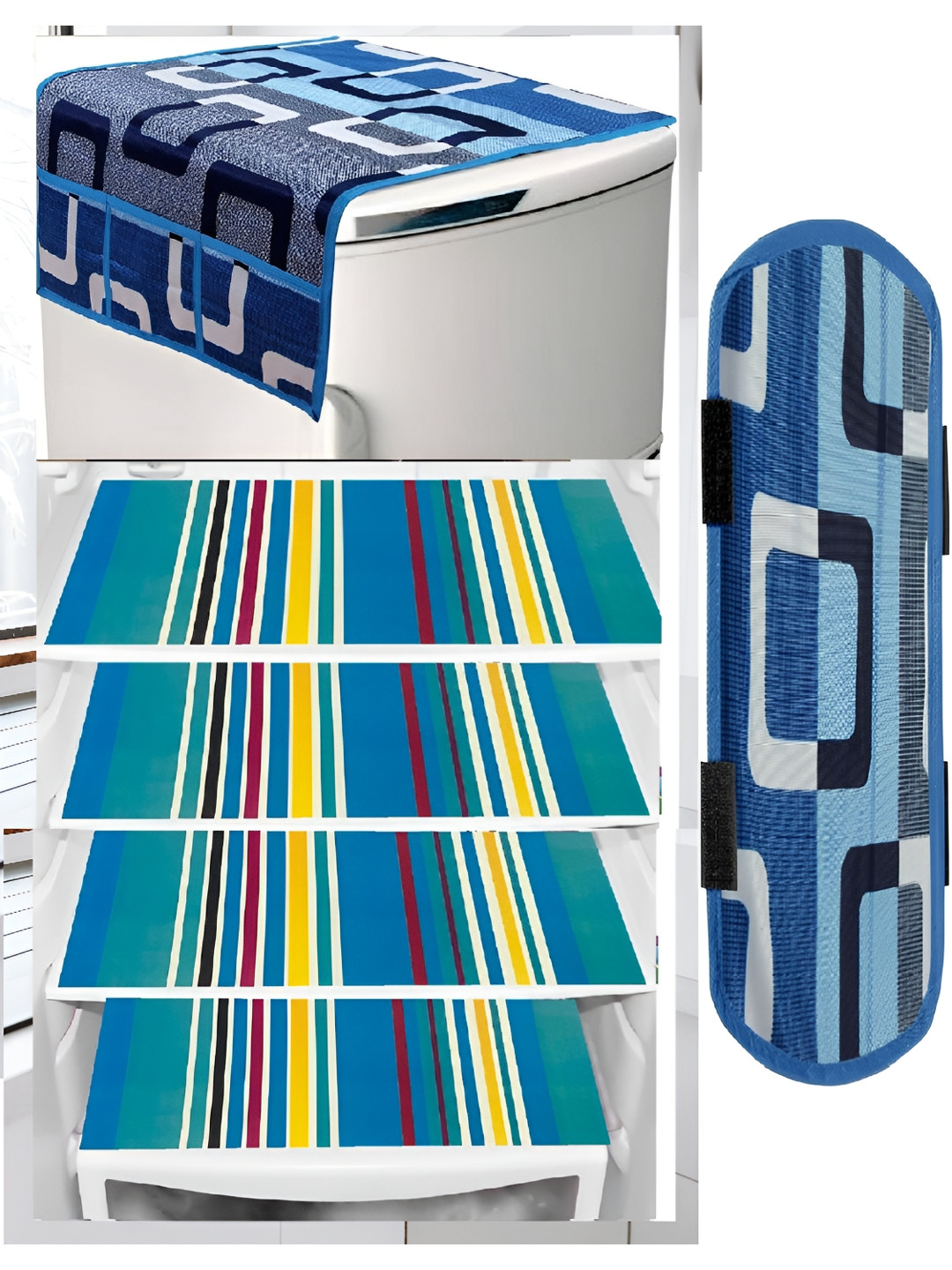 

REVEXO 5-Pcs Blue Printed Fridge Top Cover With Fridge Mats