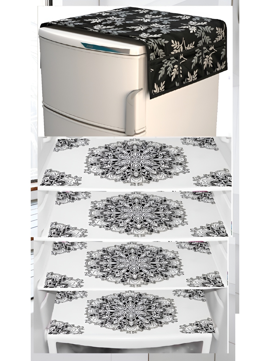 

REVEXO Black & White Floral Printed Fridge Cover With 4 Fridge Mats