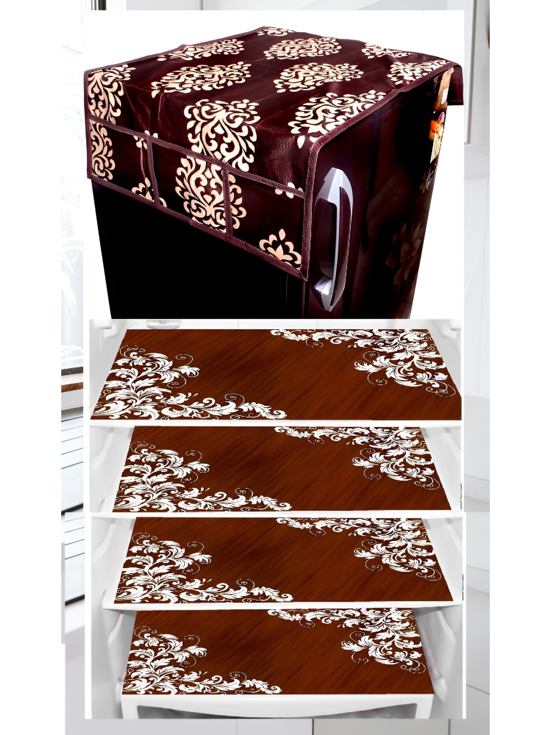 

REVEXO Brown & White 5 Pieces Printed Refrigerator Top Cover With Mats