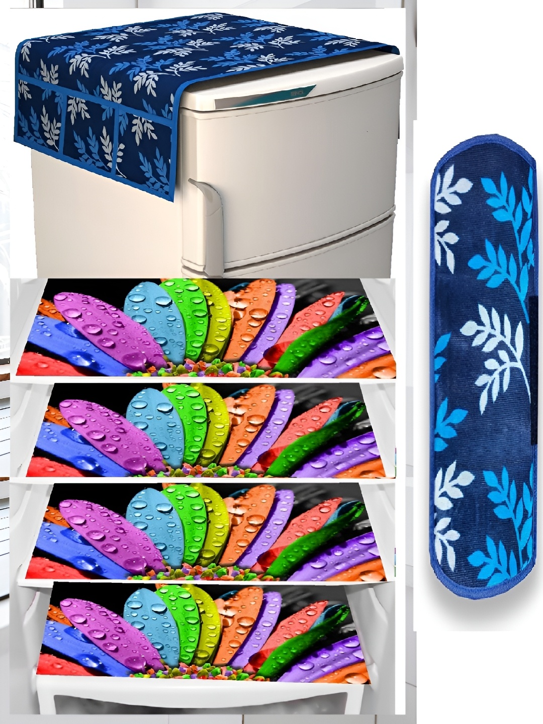 

REVEXO Blue & White 5 Pieces Printed Fridge Cover With Mats