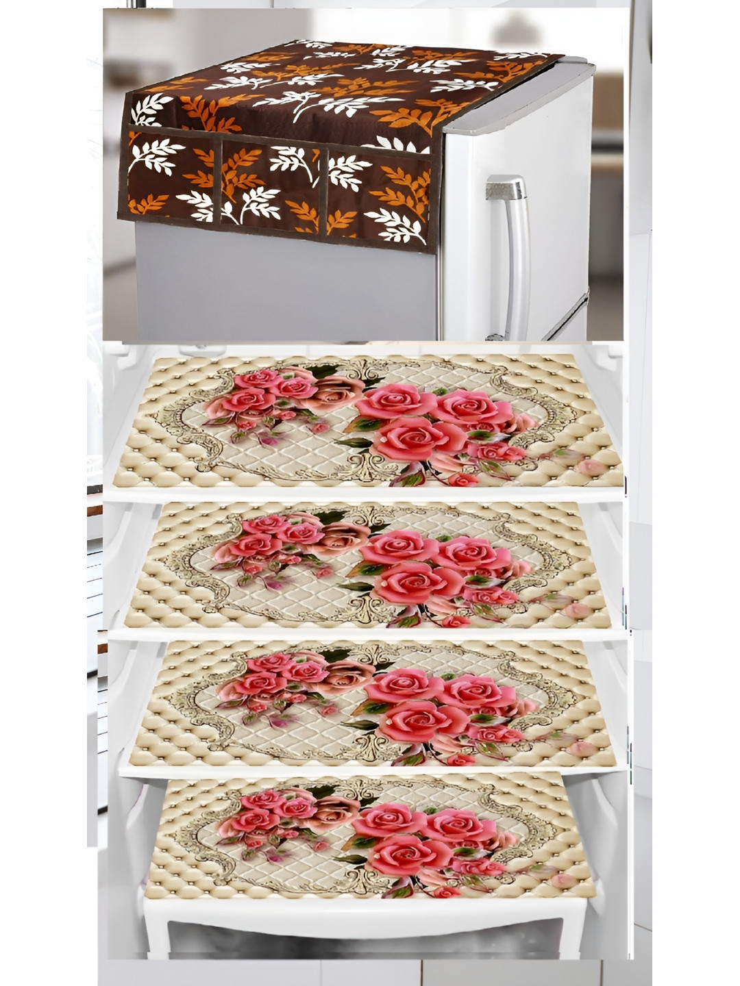

REVEXO Brown & Beige 5 Pieces Printed Refrigerator Covers