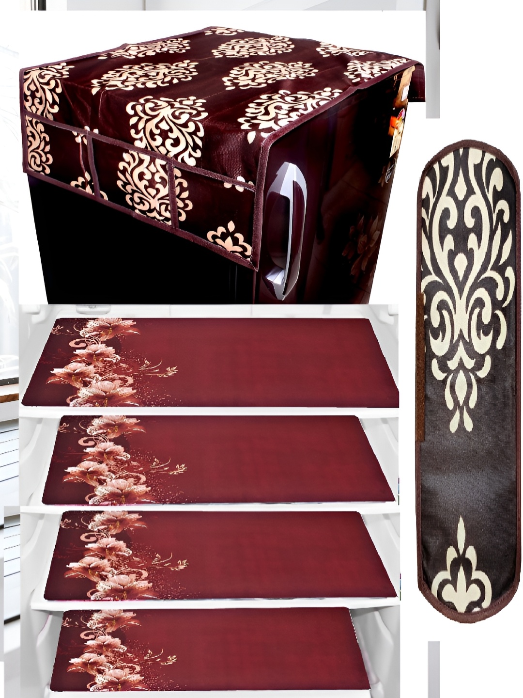 

REVEXO 6-Pcs Maroon & Brown Printed Fridge Top Cover With Fridge Handle Cover & Fridge Mat