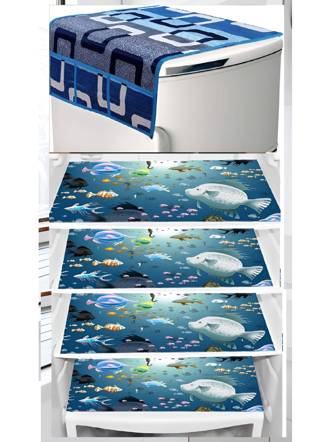 

REVEXO 5-Pcs Blue & White Printed Fridge Top Cover