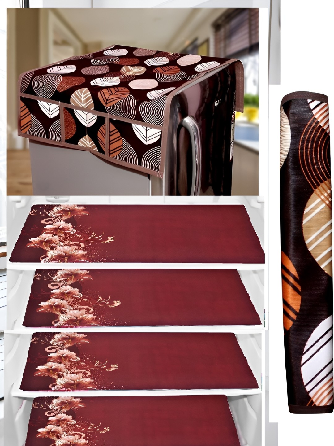 

REVEXO 5-Pcs Maroon & Cream Colored Printed Fridge Top Cover & Fridge Mats