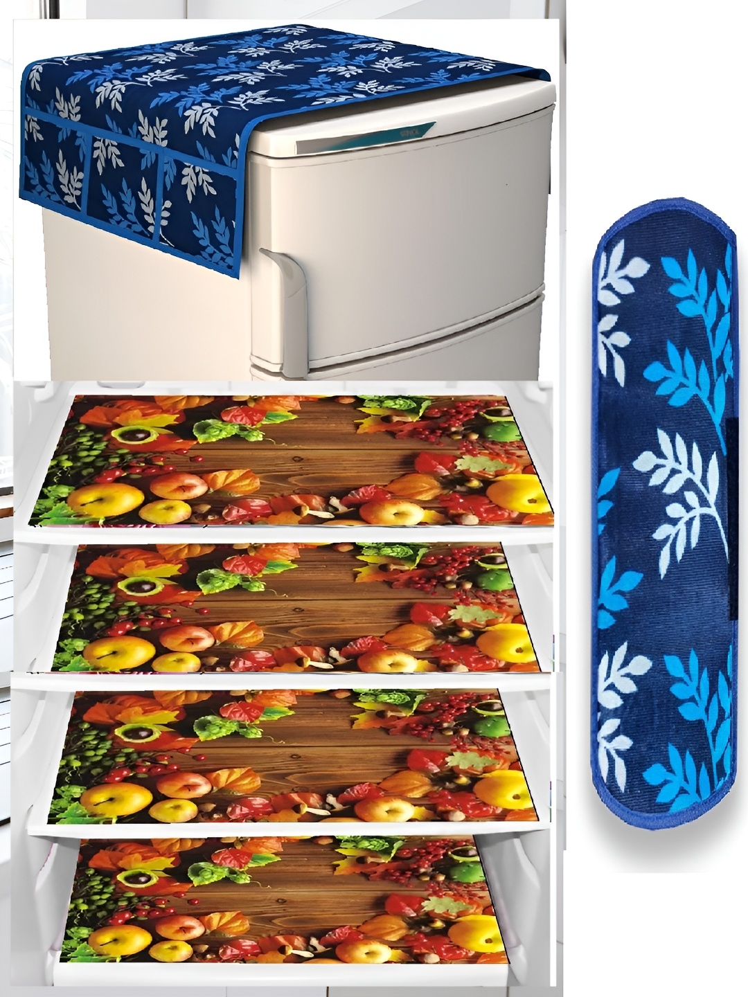 

REVEXO 6-Pcs Brown & Blue 6 Pieces Printed Refrigerator Top Cover With Handle & Mats