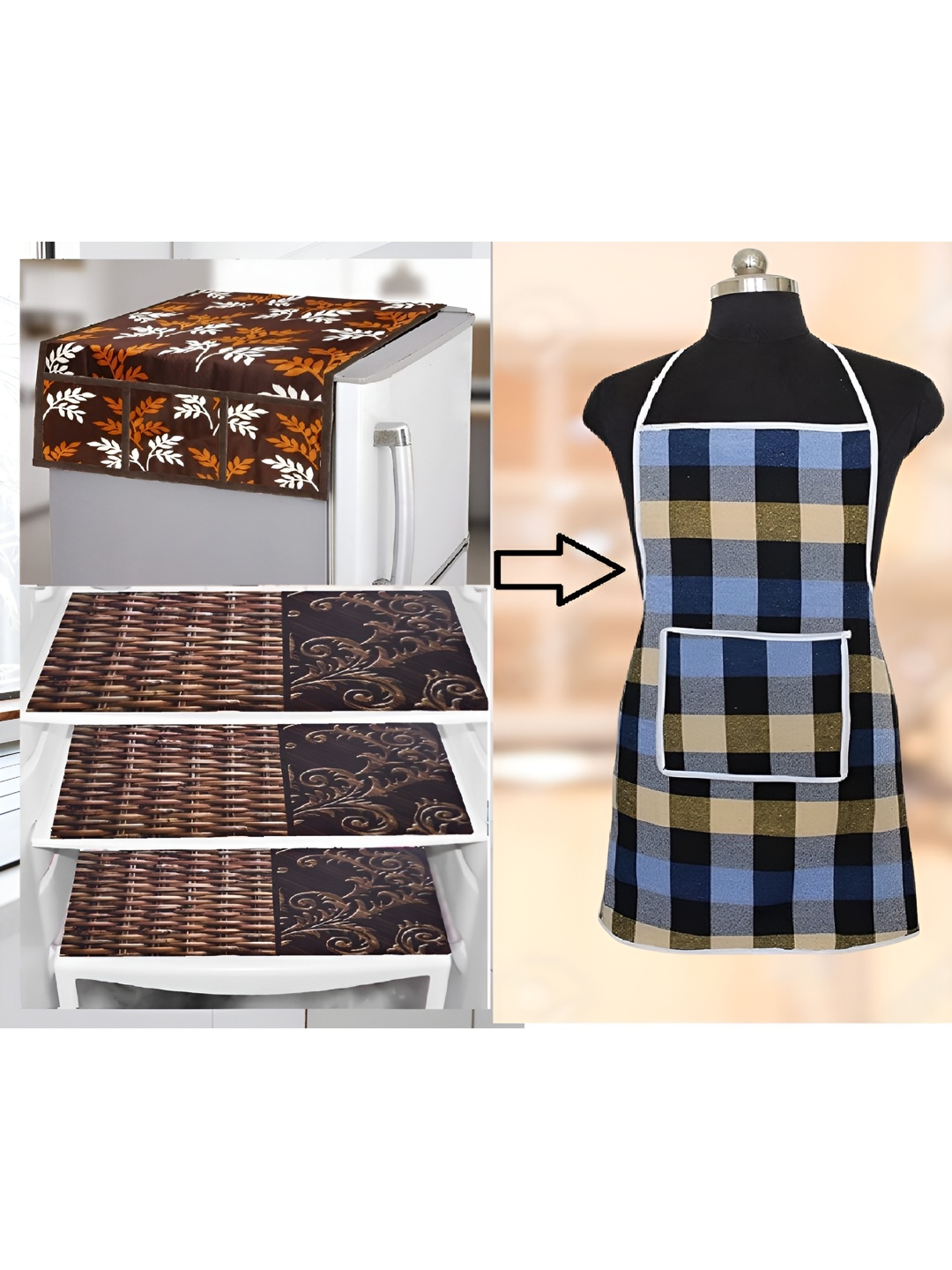 

REVEXO Brown 5 Pieces Printed Fridge Top Cover With Fridge Mats