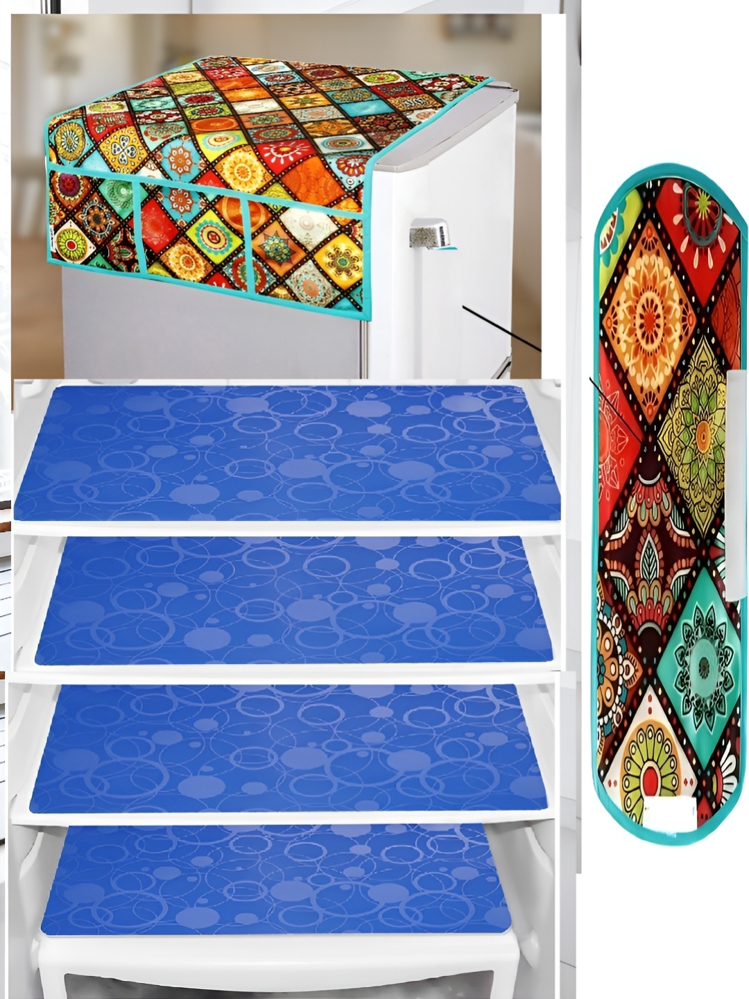 

REVEXO Blue 6 Pieces Printed Fridge Top Cover With Fridge Handle Cover & Fridge Mats