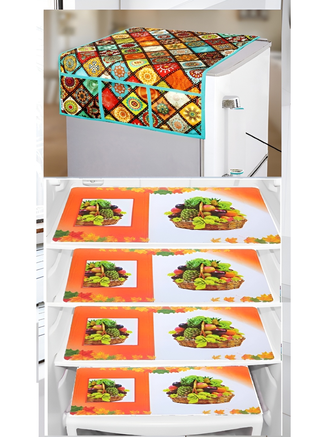 

REVEXO Brown & Orange 5 Pieces Printed Fridge Top Cover & Fridge Mats