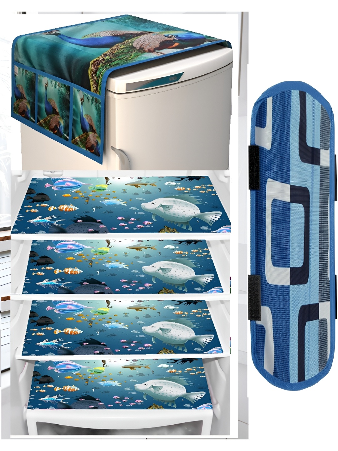 

REVEXO Blue & Green 6 Pieces Printed Refrigerator Top Cover With Handle & Mats