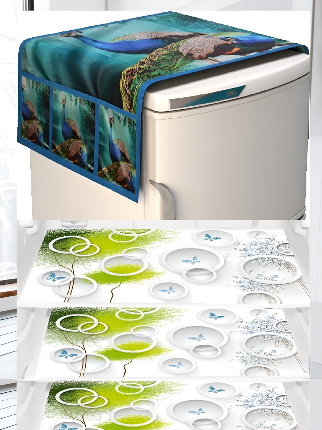 

REVEXO White & Blue 5 Pieces Printed Refrigerator Covers