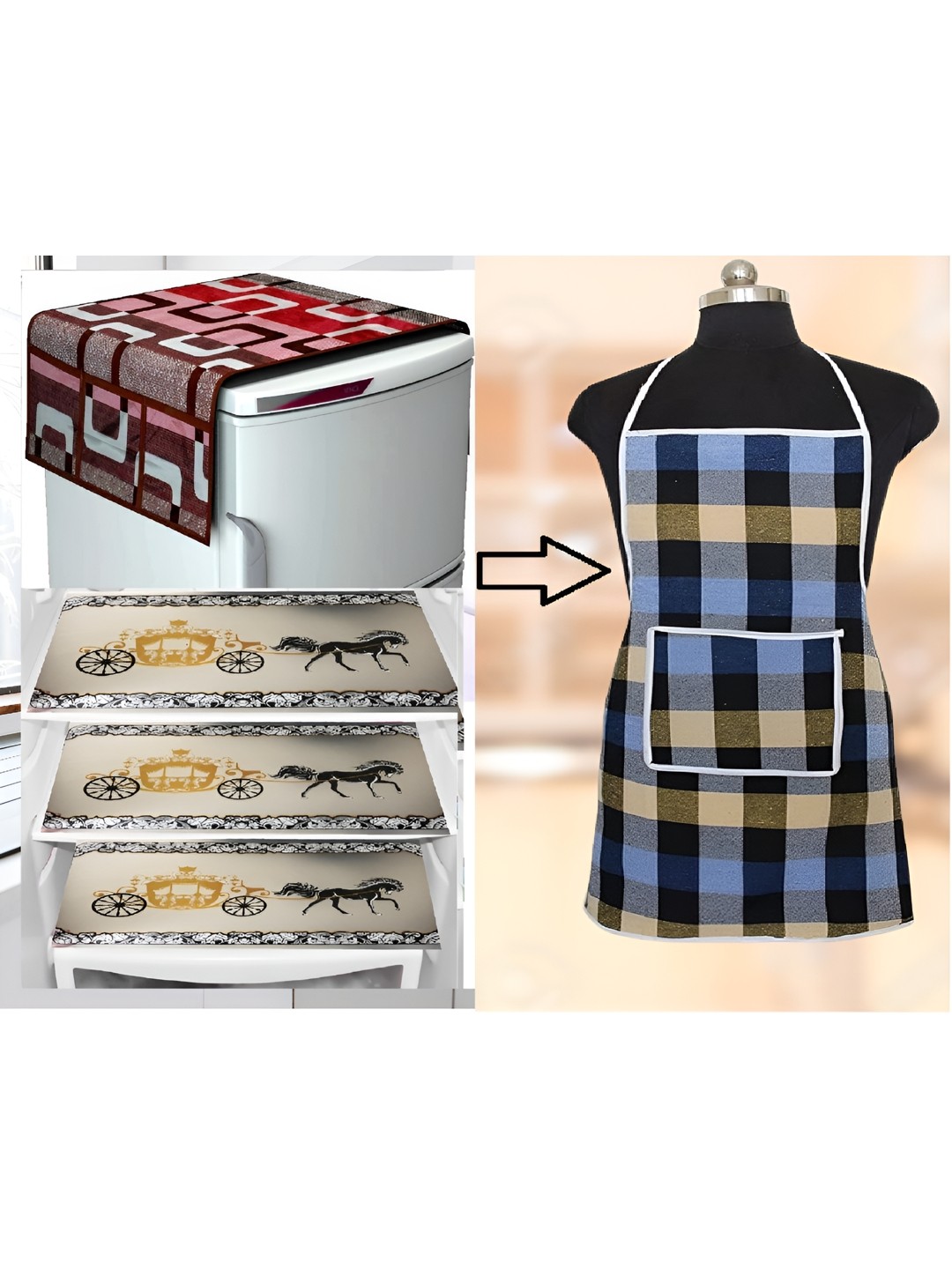 

REVEXO Red & Beige 5 Pieces Printed Fridge Covers with Kitchen Apron