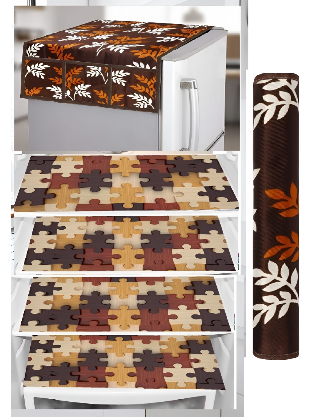 

REVEXO 6-Pcs Brown & Beige Printed Refrigerator Top Cover With Handle & Mats