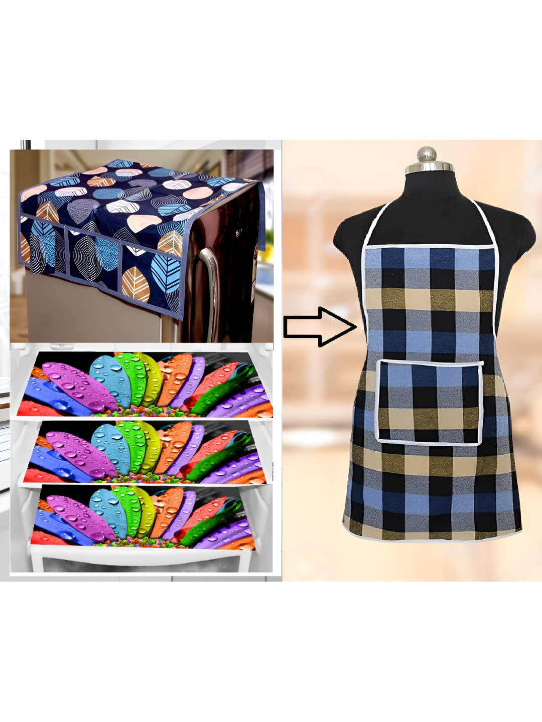 

REVEXO 5-Pcs Blue & Black Printed Fridge Top Cover With Apron & Fridge Mats