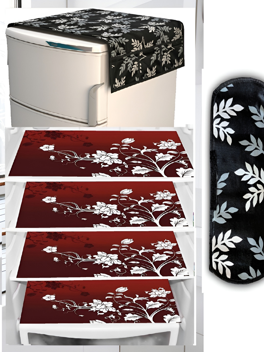 

REVEXO Black & Purple 4 Pieces Printed Fridge Cover With Mats