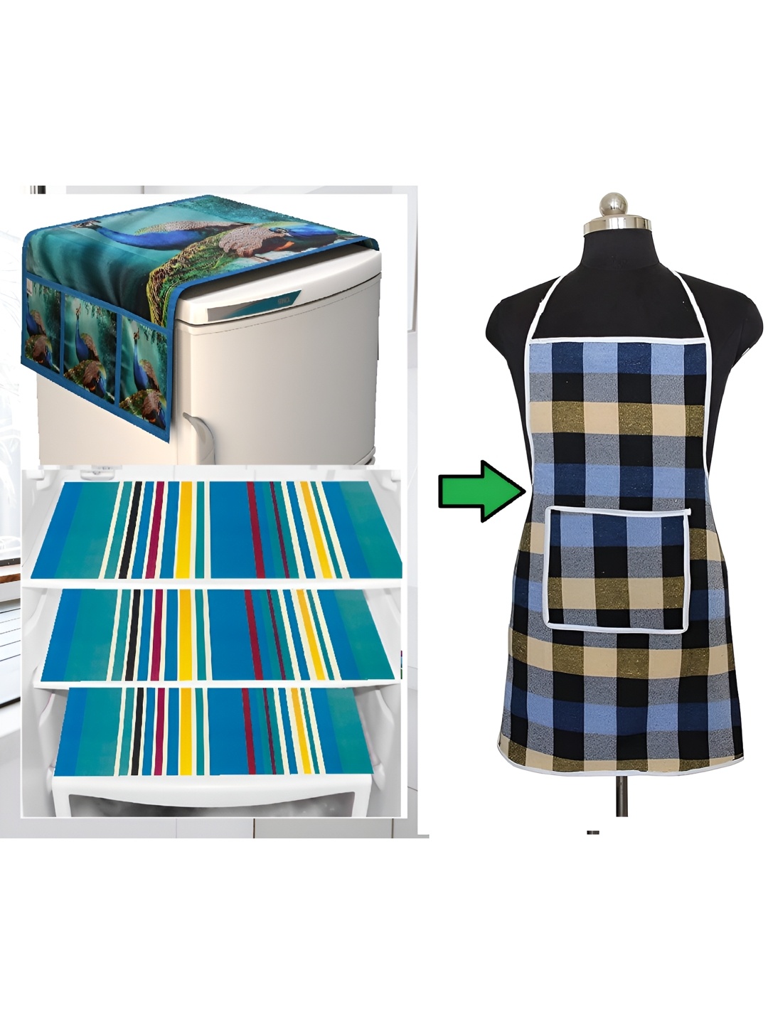 

REVEXO -Pcs Blue Printed Fridge Top Cover With Apron & Fridge Mats
