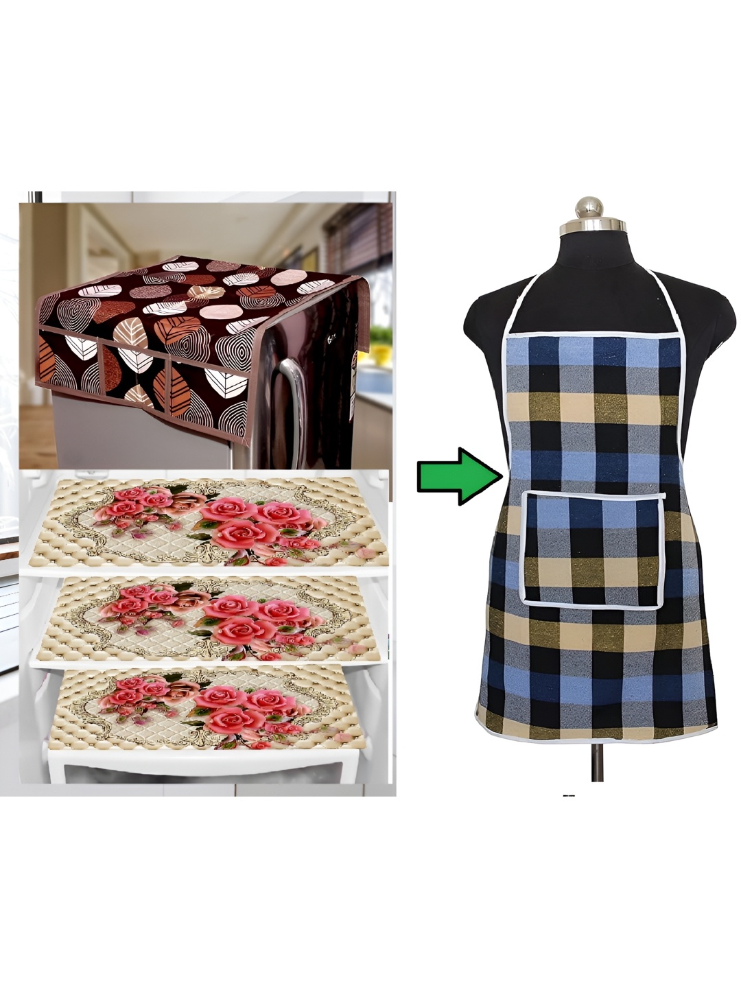 

REVEXO Beige & Blue Printed Appliance covers With kitchen Apron, Brown