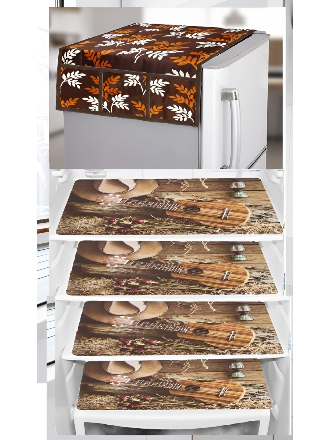 

REVEXO Brown & White 4 Pieces Printed Fridge Cover With Mats