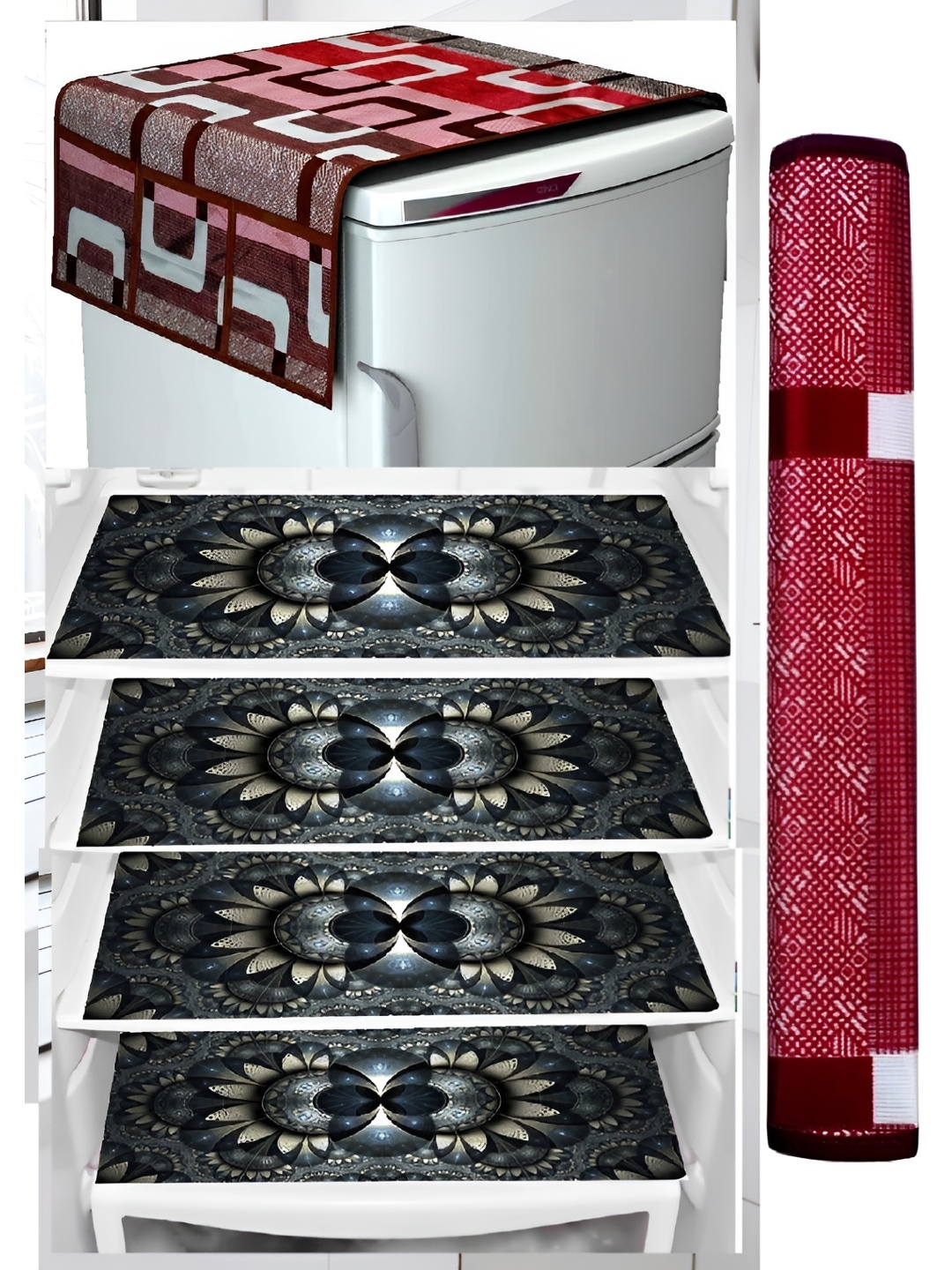 

REVEXO 5-Pcs Black & Maroon Printed Fridge Top Cover With Fridge Handle Cover & Fridge Mat