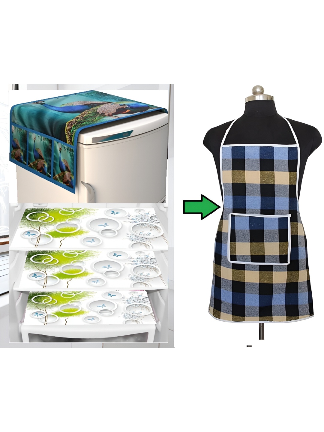 

REVEXO 4-pcs White & Blue Printed Fridge Covers with Kitchen Apron