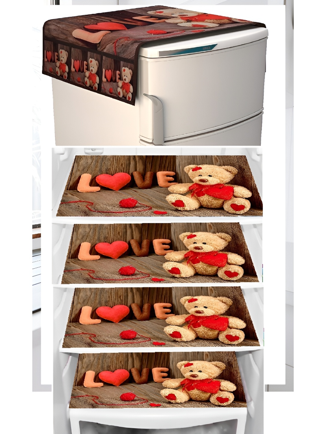 

REVEXO Brown & Red 5 Pieces Printed Refrigerator Top Cover With Mats