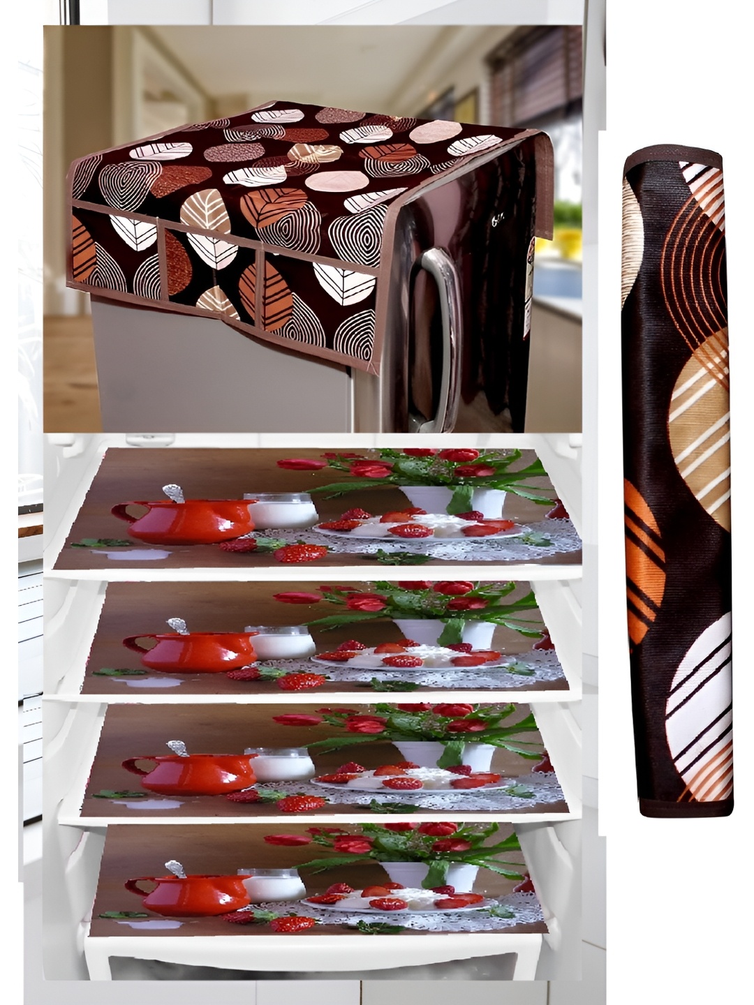 

REVEXO 5-Pcs Brown & Red Printed Fridge Top Cover With Fridge Mats