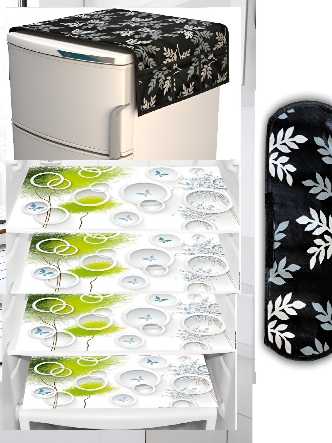 

REVEXO 6-Pcs Black & Green Printed Refrigerator Top Cover With Handle & Mats
