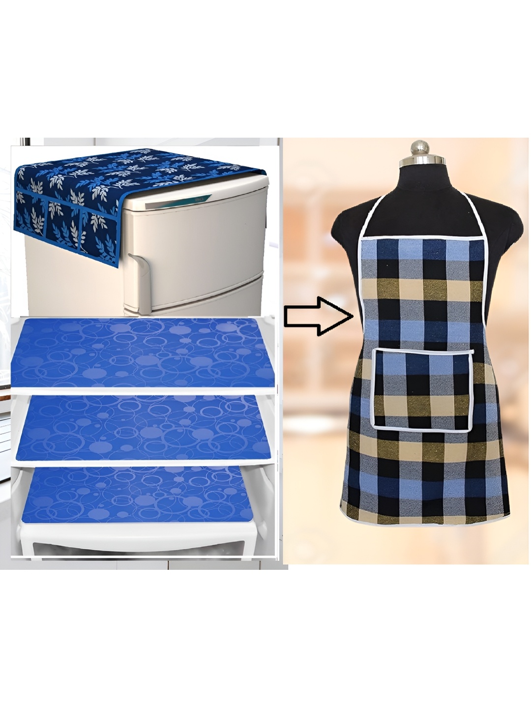 

REVEXO 5-Pcs Blue 3 Pieces Printed Fridge Cover With Mats