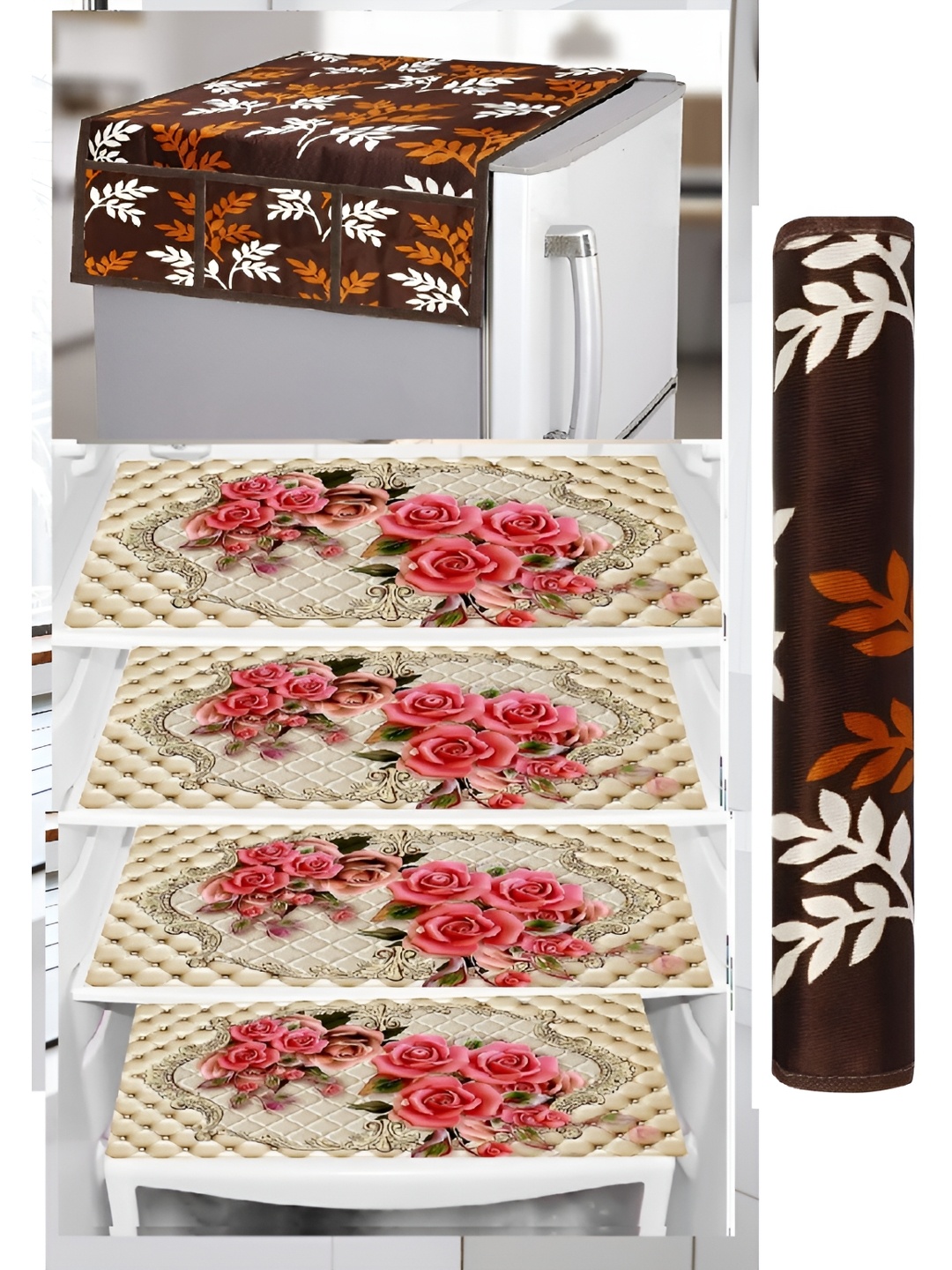

REVEXO 6-Pcs Brown & Beige Printed Refrigerator Top Cover With Handle & Mats