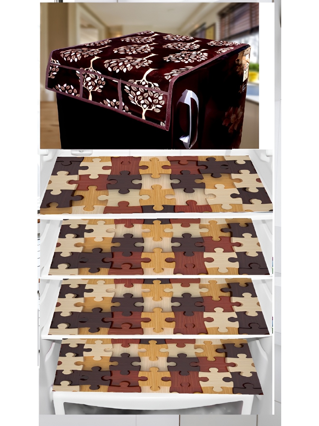 

REVEXO Brown & White 5 Pieces Printed Fridge Top Cover
