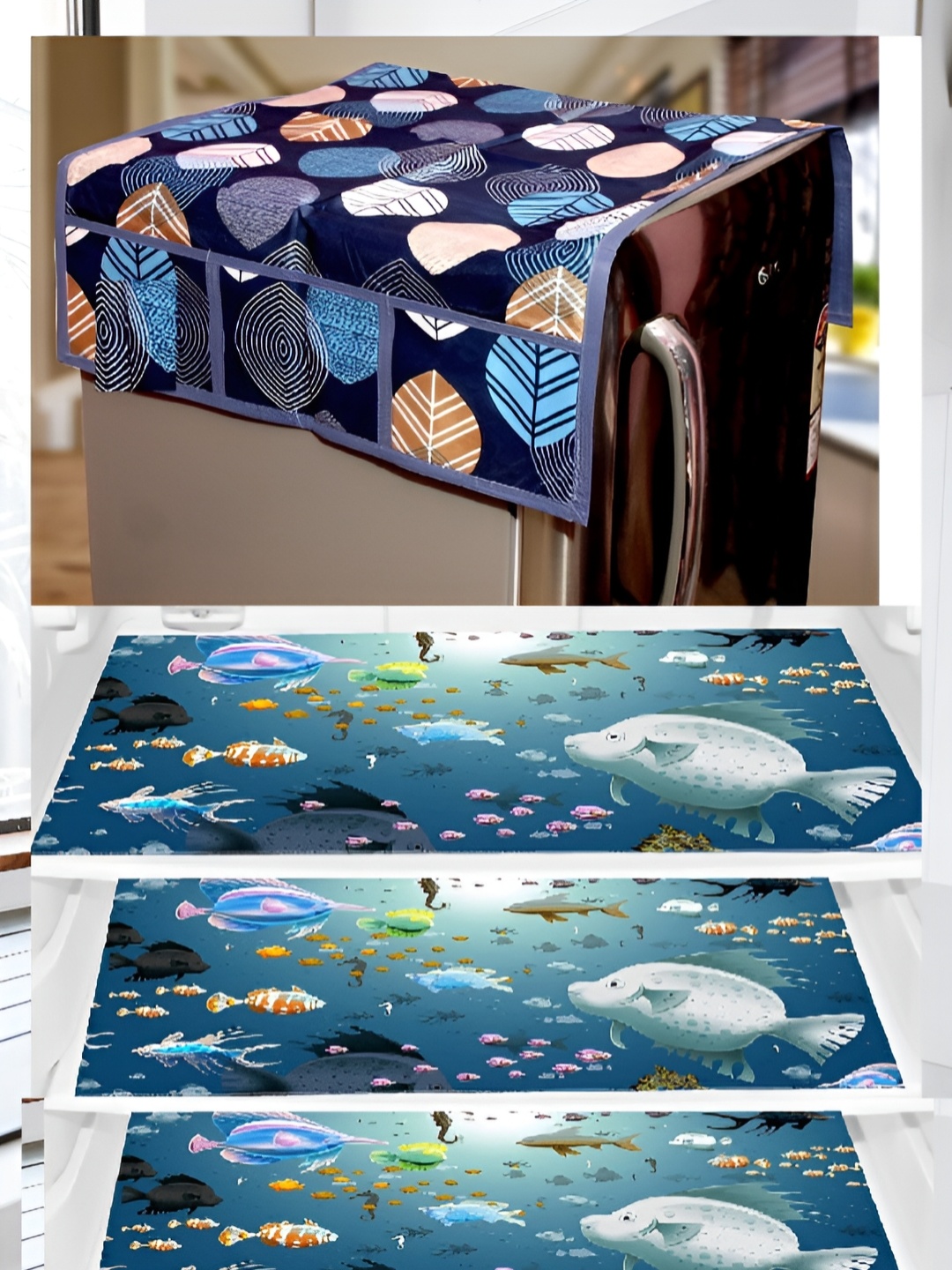 

REVEXO 5-Pcs Blue & Navy Blue Printed Fridge Top Cover With & Fridge Mats