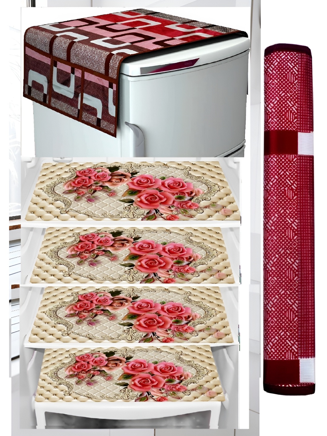 

REVEXO 6-pcs Red & Pink Printed Waterproof & Anti-slip Refrigerator Covers