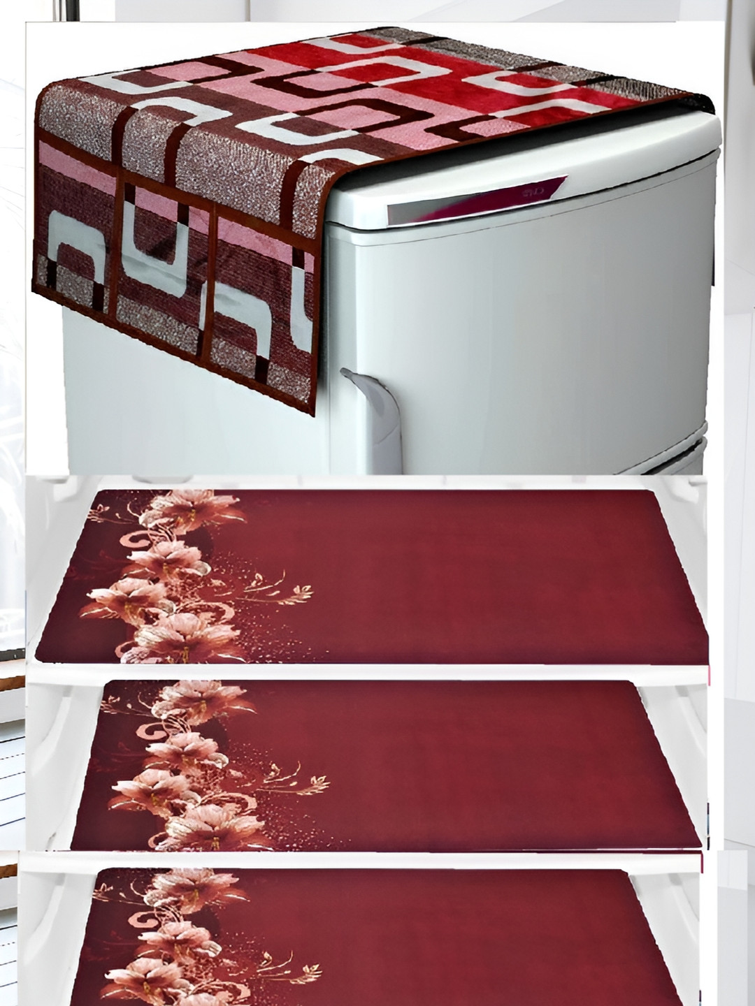 

REVEXO Maroon & Brown 4 Pieces Printed Refrigerator Top Cover With Mats