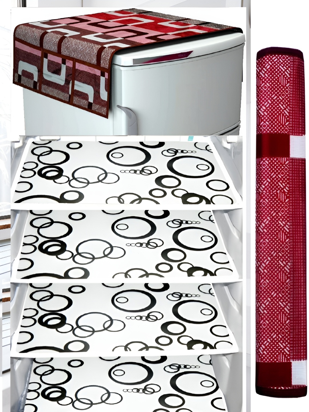

REVEXO Maroon & White 6 Pieces Printed Fridge Top Cover