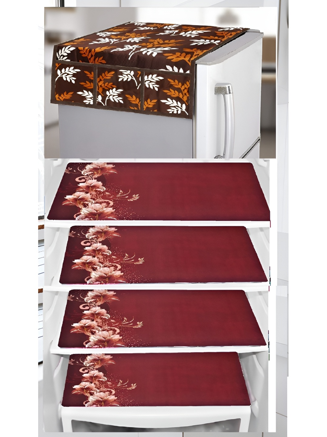 

REVEXO Brown & Maroon 5 Pieces Printed Fridge Top Cover & Fridge Mats