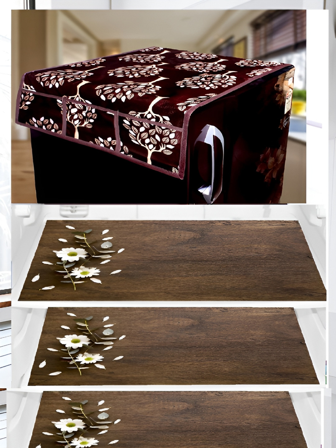 

REVEXO Brown 5 Pieces Printed Refrigerator Top Cover With Mats