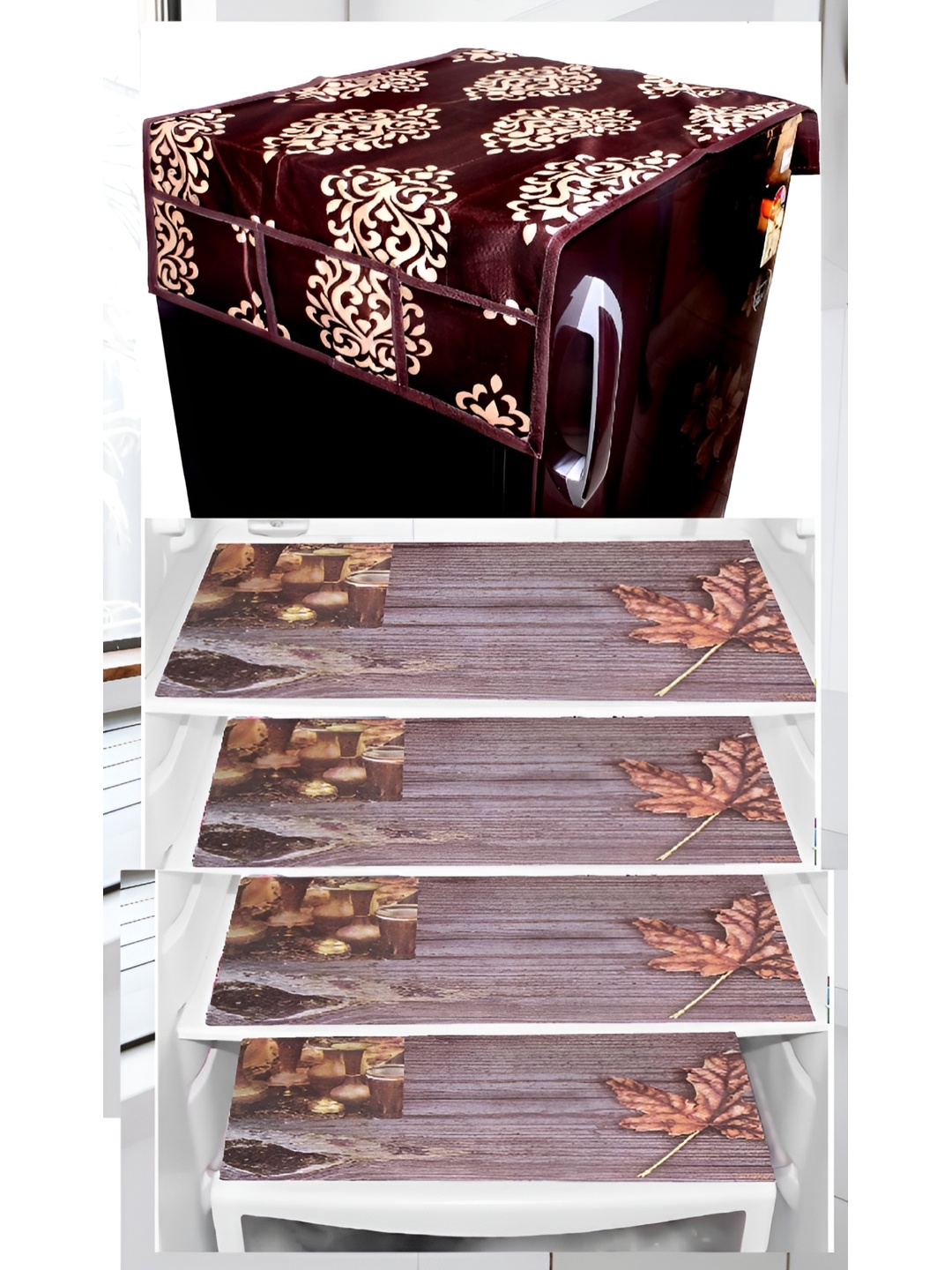 

REVEXO Brown & Cream 5 Pieces Printed Fridge Top Cover