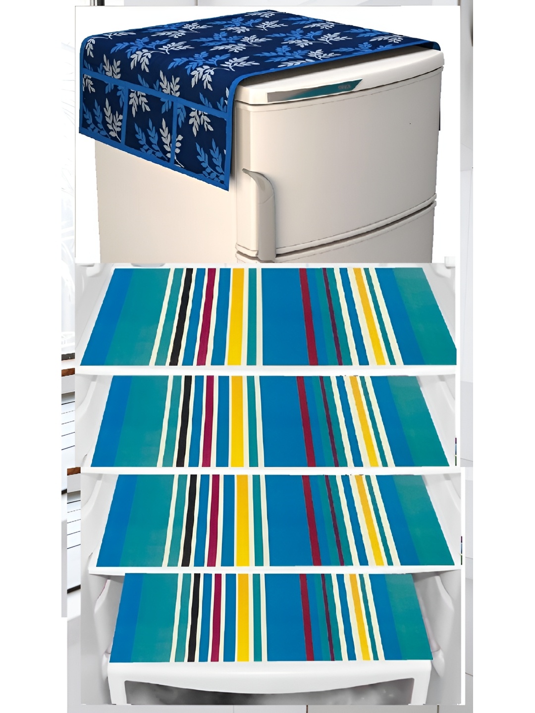

REVEXO Blue 5 Pieces Striped Printed Refrigerator Covers