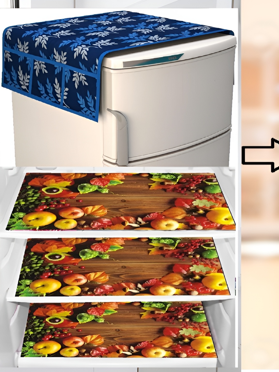 

REVEXO 5-Pcs Brown & Blue Floral Printed Fridge Cover With Fridge Mats & Apron