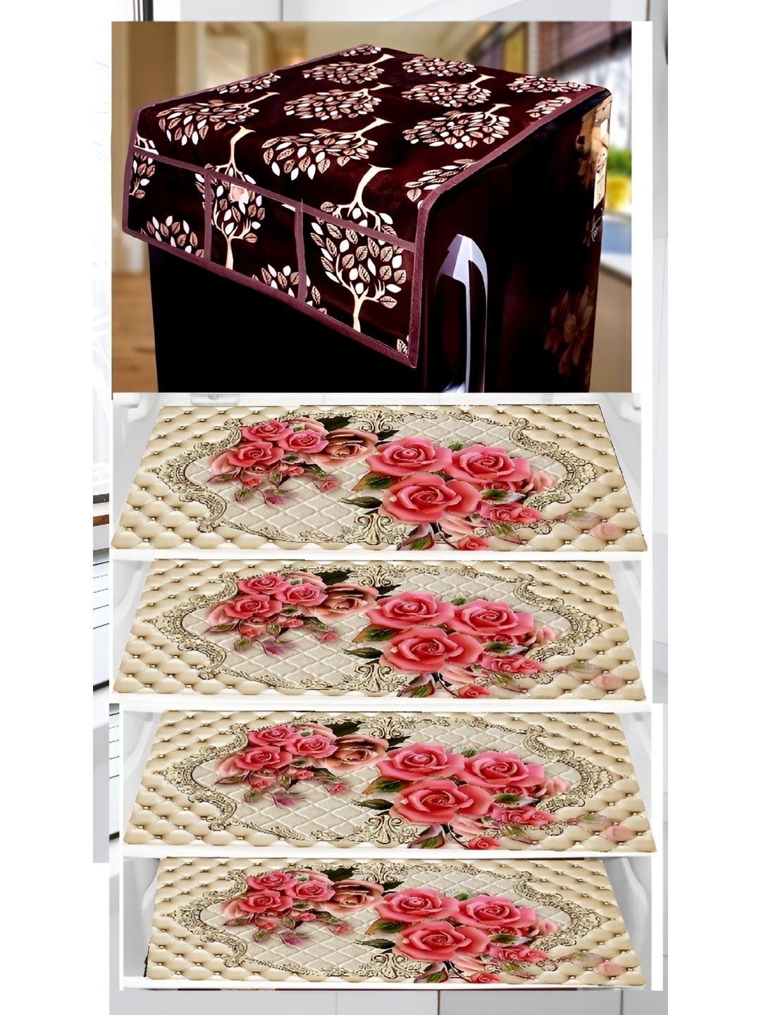 

REVEXO Brown & Beige 5 Pieces Printed Refrigerator Top Cover With Mats