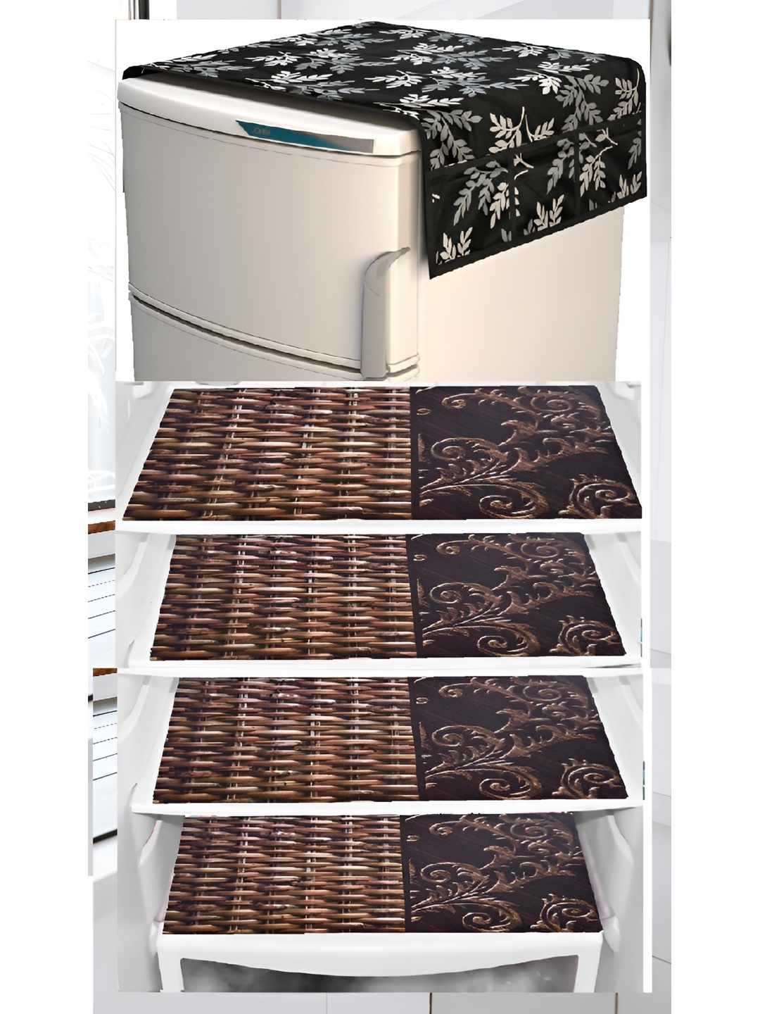 

REVEXO Black & Brown 5 Pieces Printed Fridge Top Cover With Fridge Mats