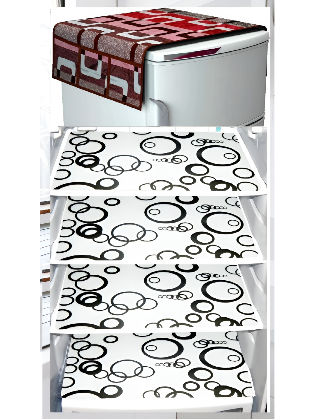 

REVEXO White & Maroon 4 Pieces Printed Fridge Cover With Mats