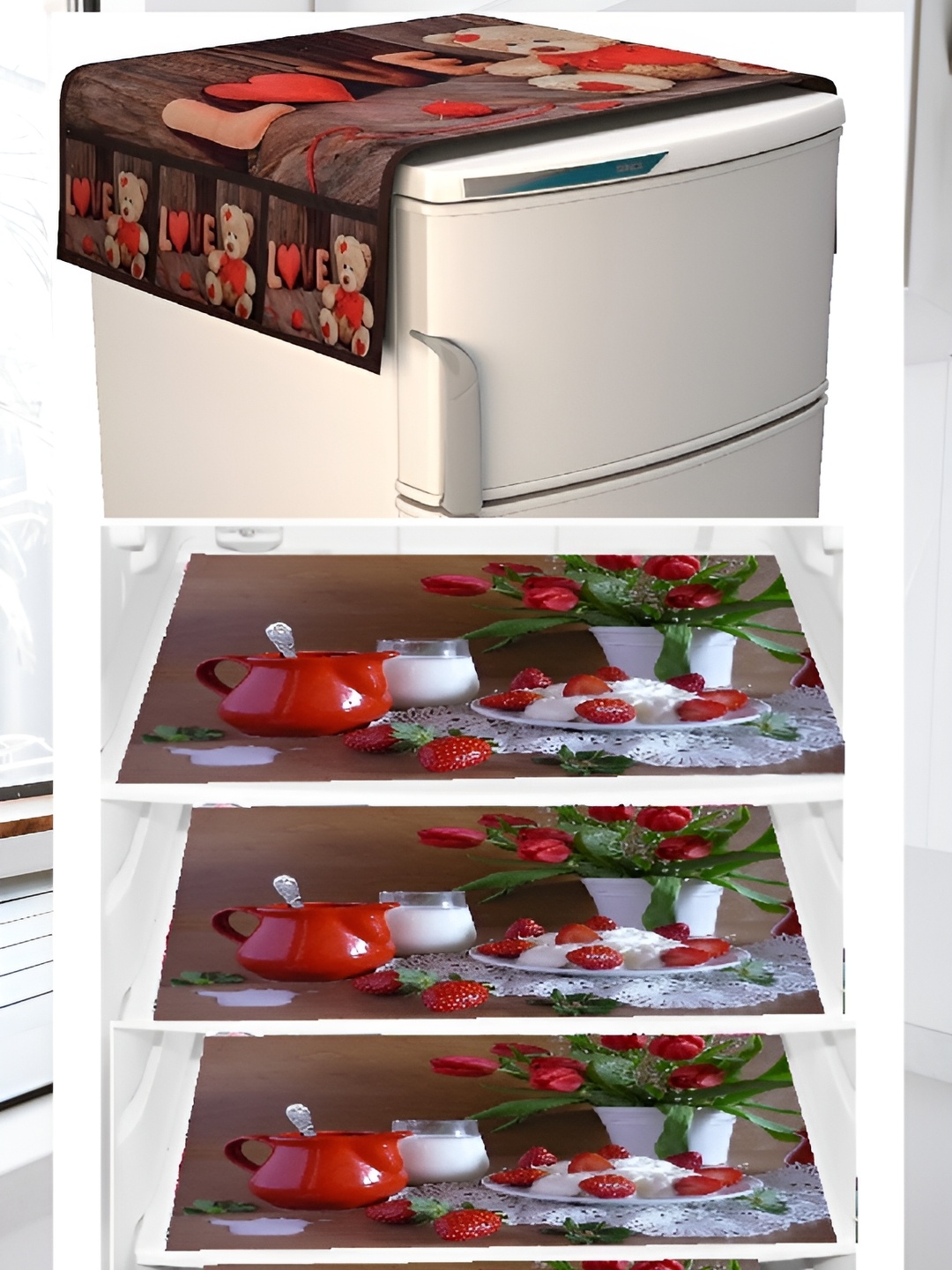 

REVEXO Brown & Red 5 Pieces Printed Refrigerator Top Cover With Mats