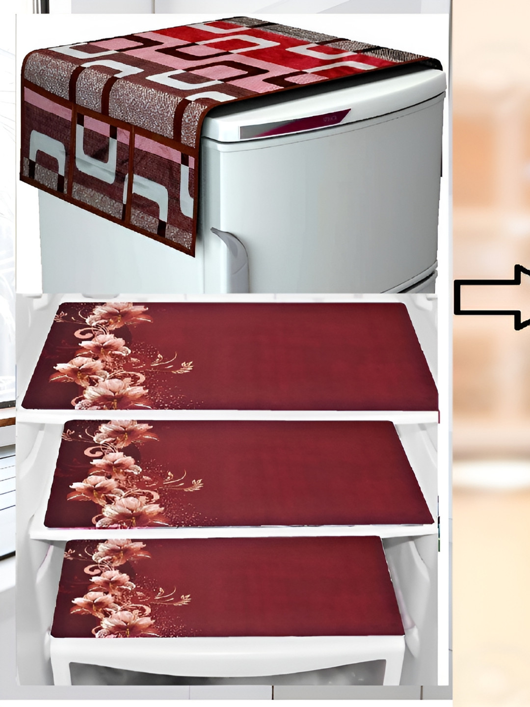 

REVEXO 5-Pcs Maroon & Blue Floral Printed Fridge Cover With Fridge Mats & Apron