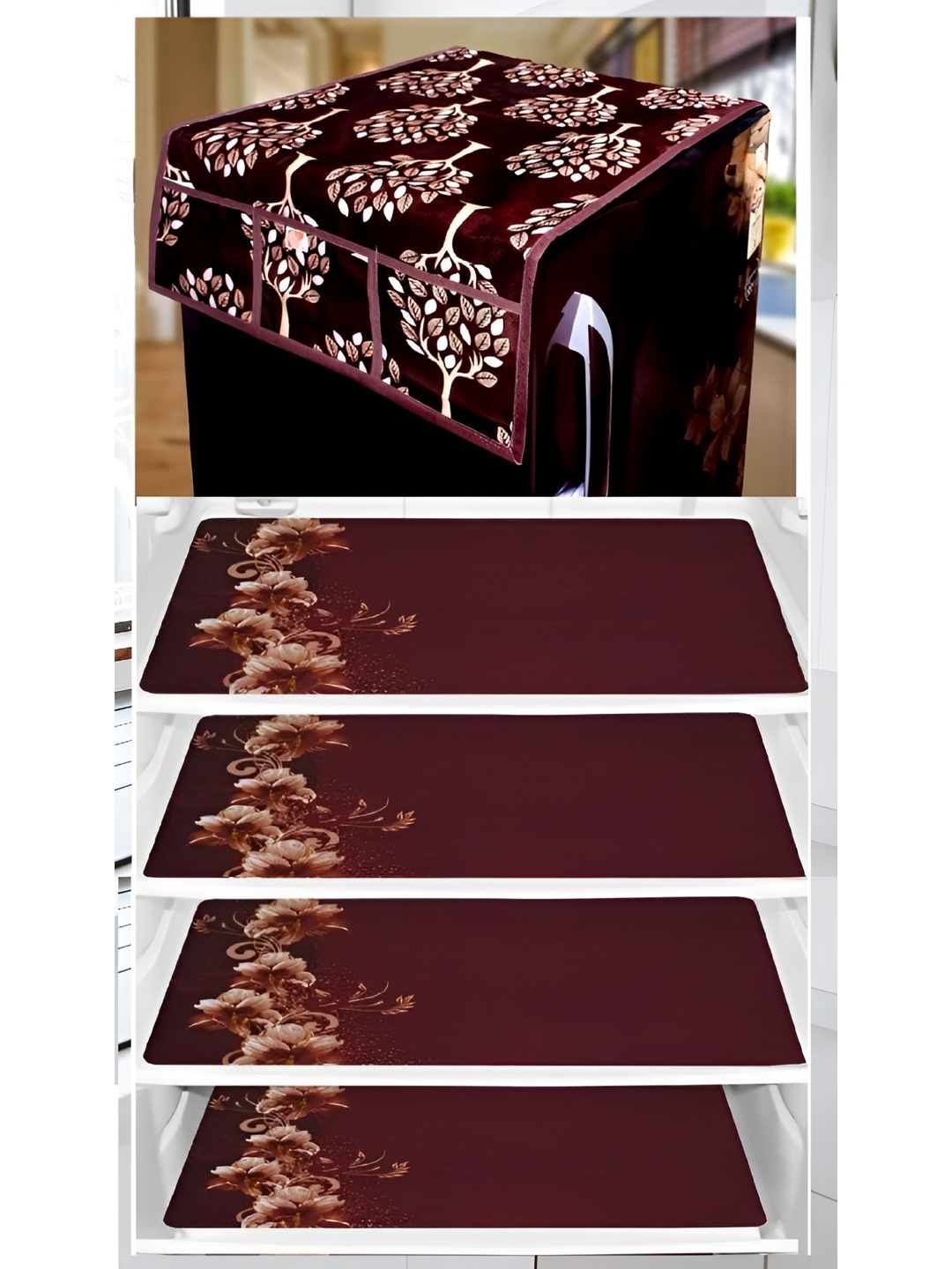 

REVEXO Brown & Beige 5 Pieces Printed Refrigerator Top Cover With Mats