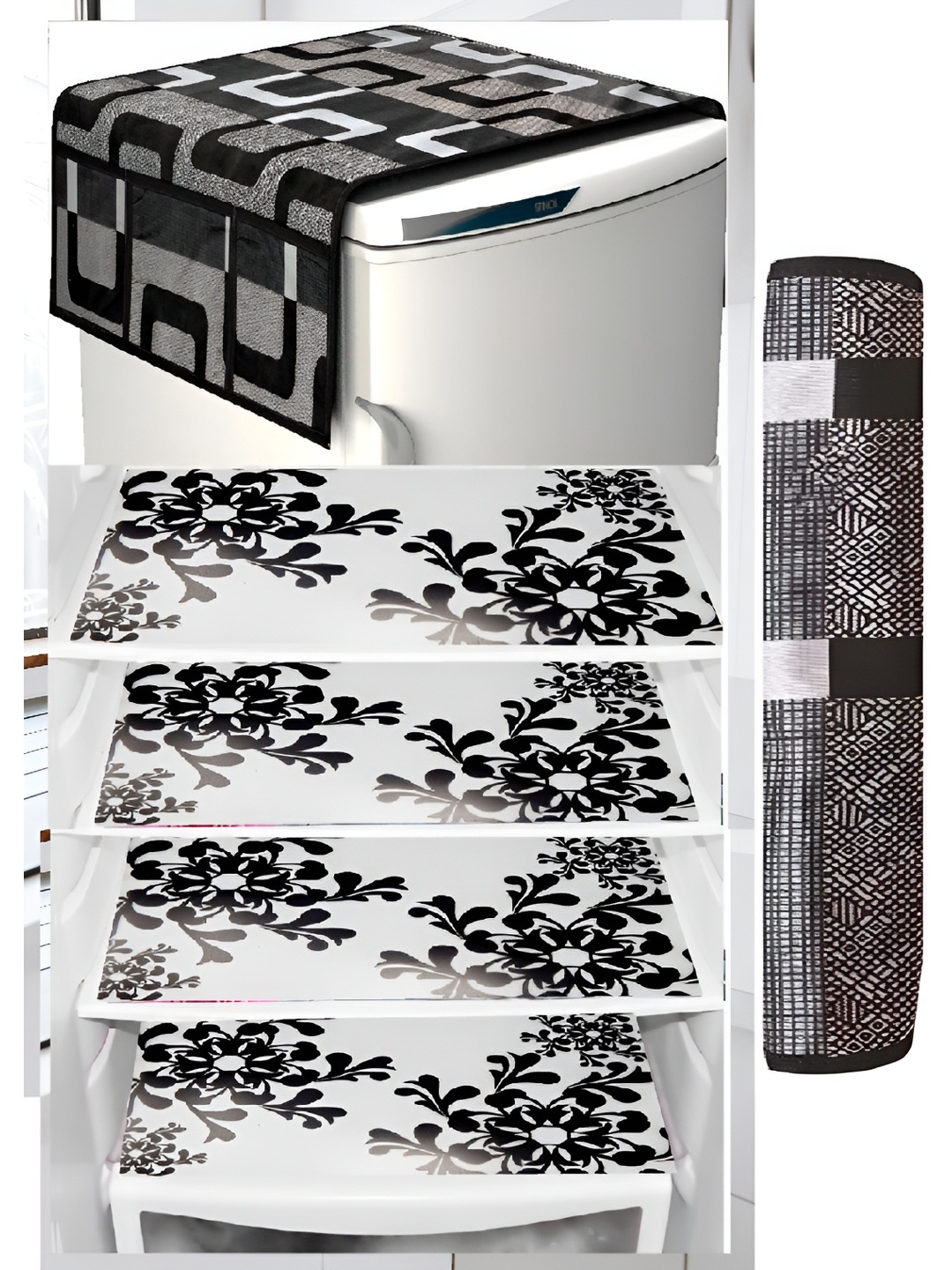 

REVEXO White & Black 6 Pieces Printed Refrigerator Top Cover With Handle & Mats