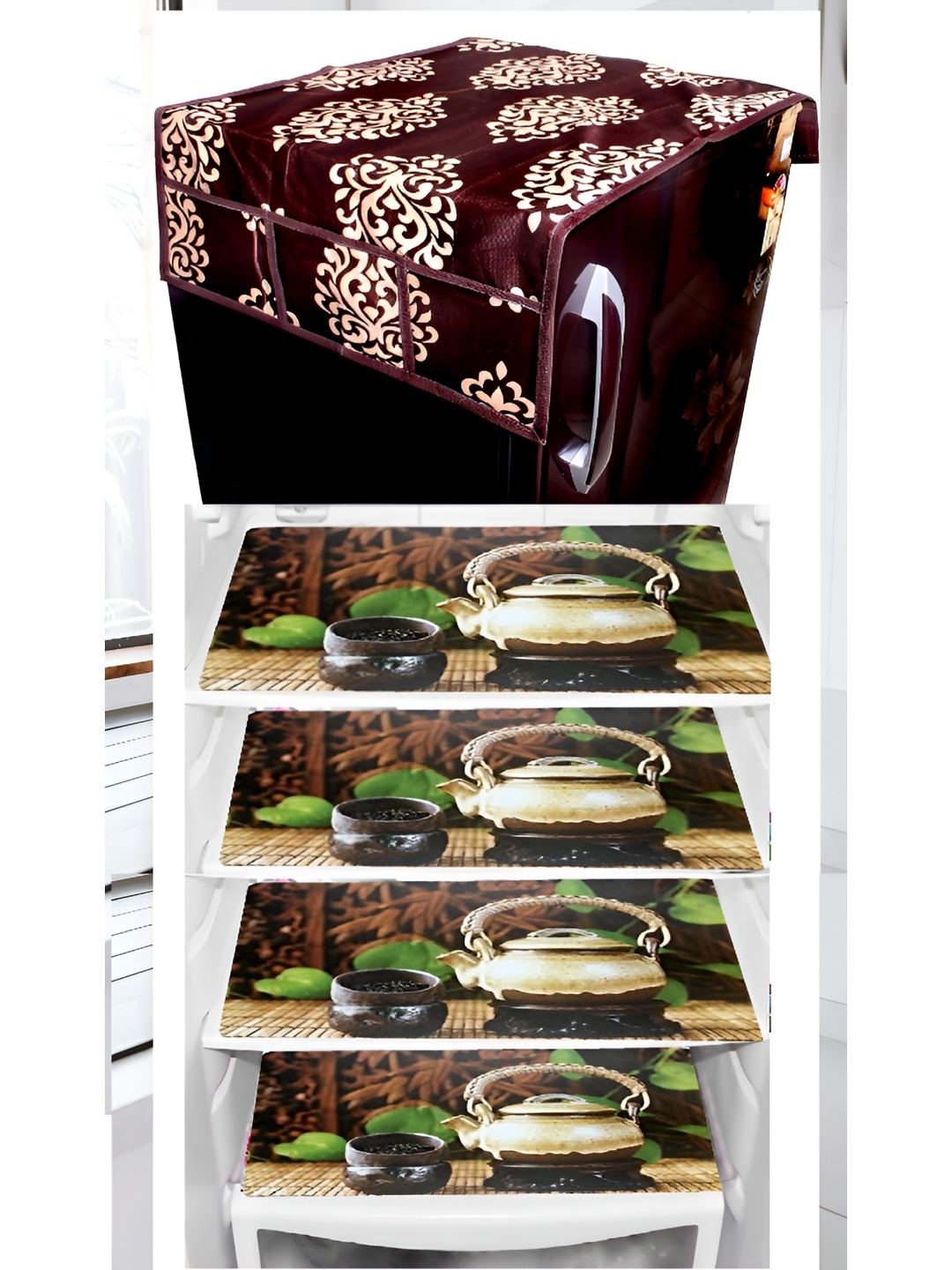 

REVEXO 5-Pcs Brown & Green Printed Refrigerator Top Cover With Mats