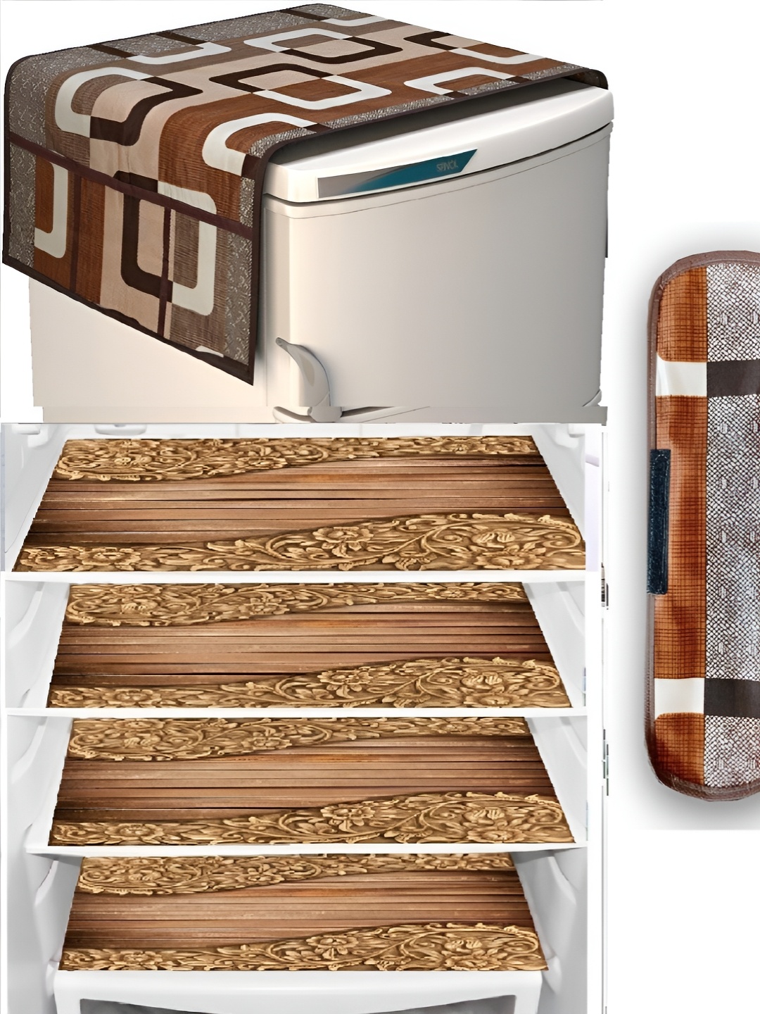 

REVEXO 6-Pcs Brown & Beige Printed Refrigerator Top Cover With Handle & Mats
