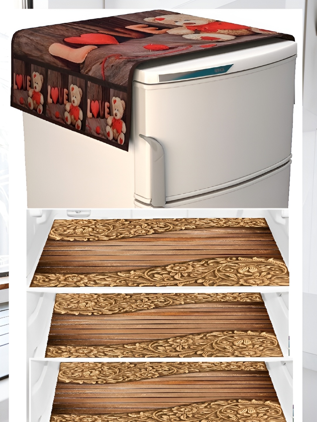 

REVEXO 5-Pcs Brown Printed Fridge Top Cover & Fridge Mats
